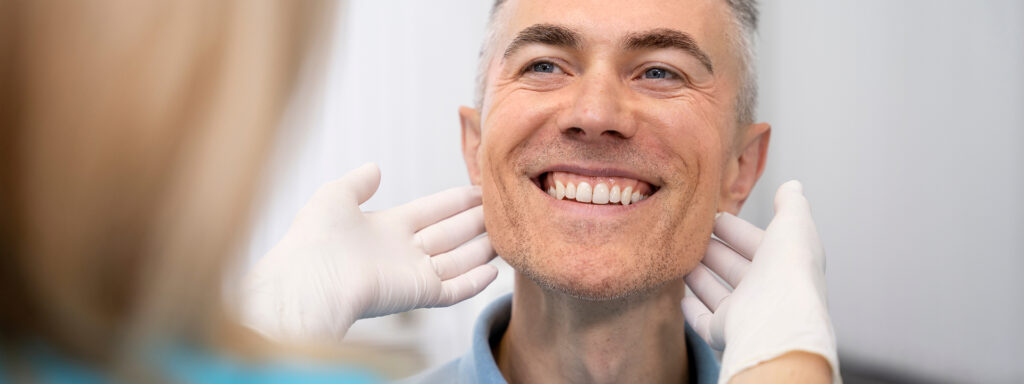 Man checking his smile and teeth after cosmetic dentistry treatment